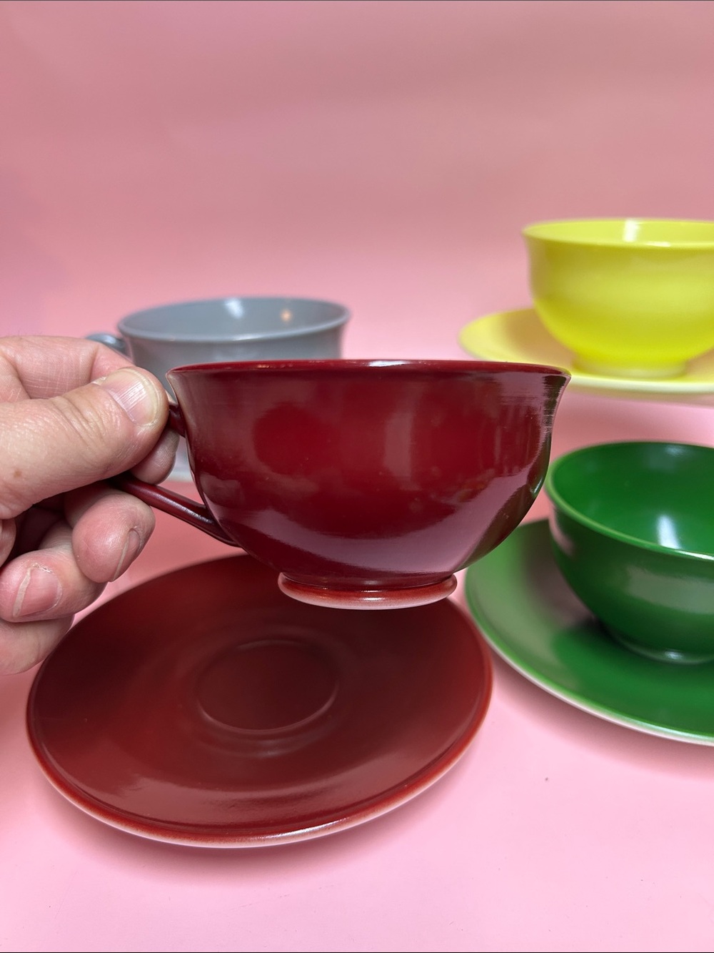 Vintage Hazel Atlas Milk Glass Ovide Platonite Set of 4 Cups & Saucers 
Colorful - Picture 4 of 5